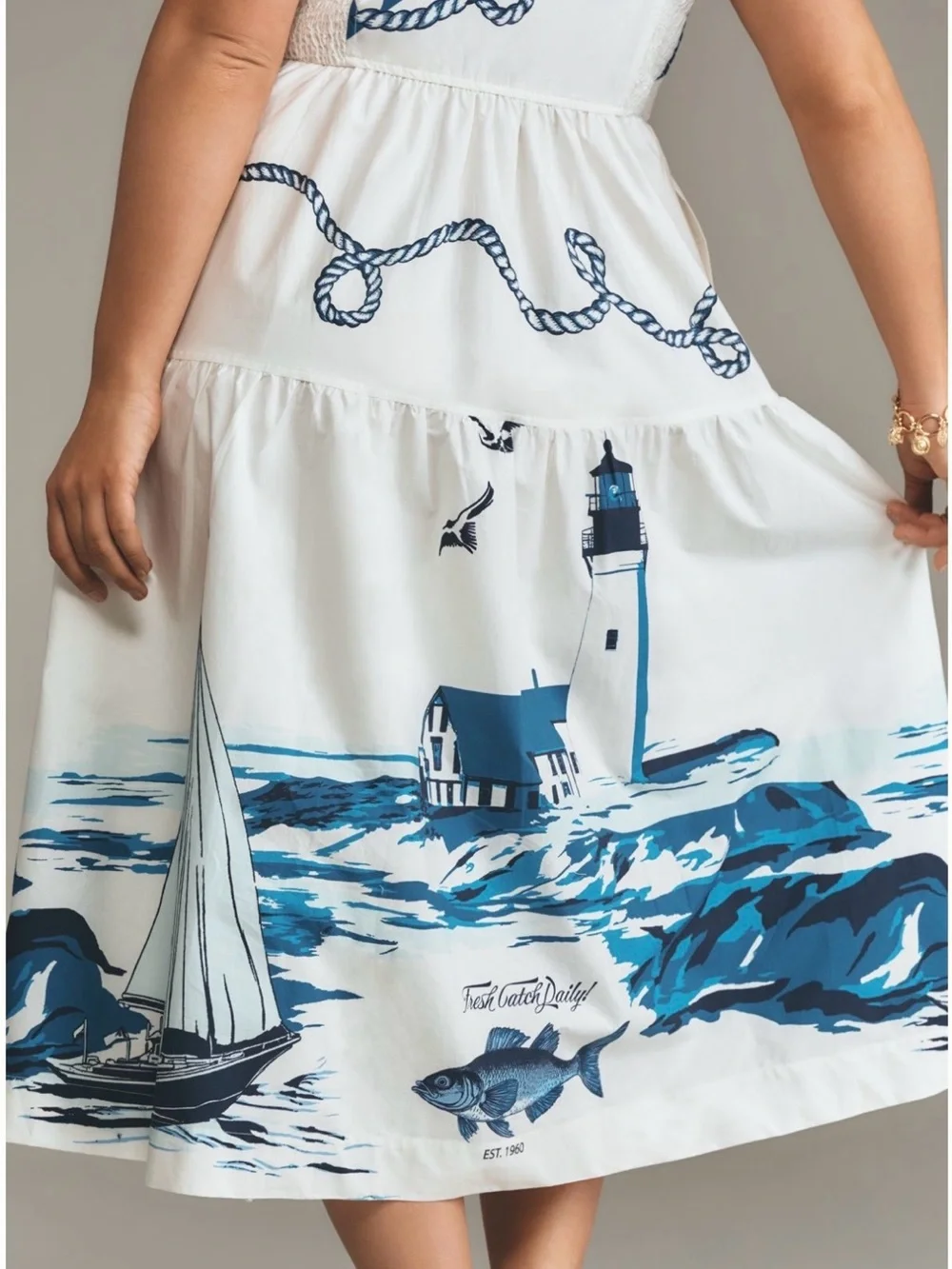 Maeve White & Navy Nautical Button-Front Midi Dress - Picture 5 of 13